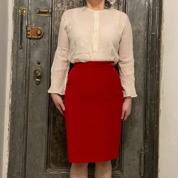 Vintage 90s Krizia Jeans red velvet knee length pencil skirt High End designer M - Picture 1 of 7